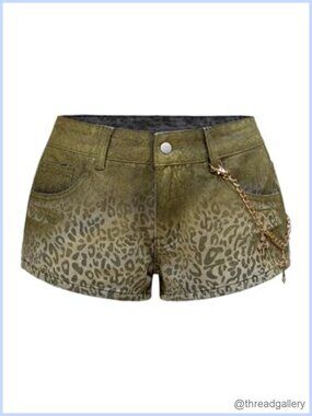 Leopard Denim Mini Shorts Low Rise Chain Y2K Jean Shorts